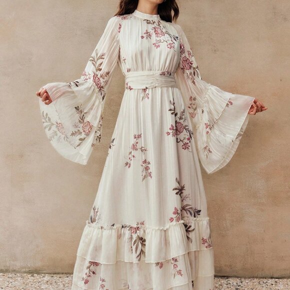 Apricot Elegant Women's Floral Ruffle Long Sleeve Dress - Picture 4 of 7